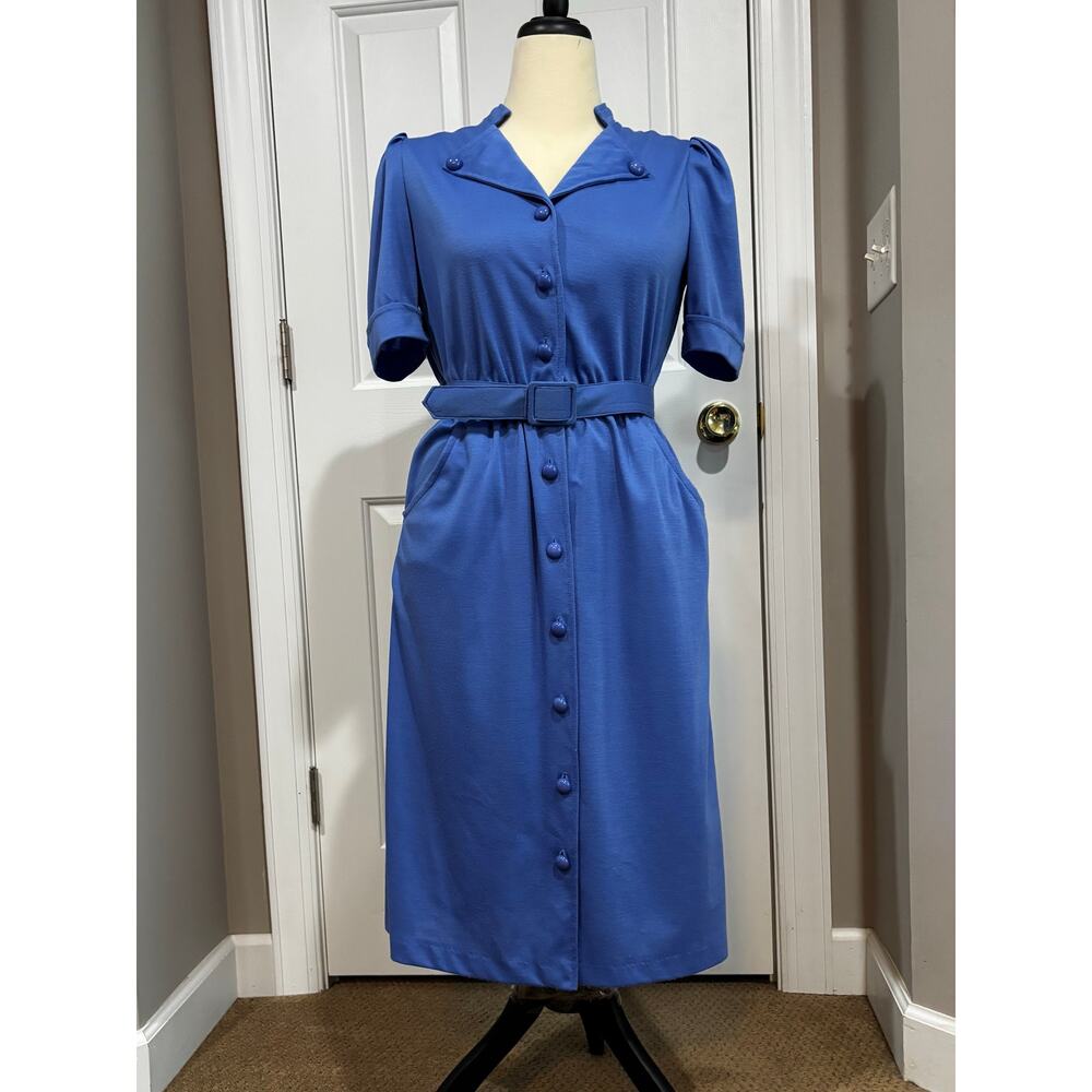 Vintage 90's VTG Blue Dress Sz 10 Belted Short Sleeve Button Up